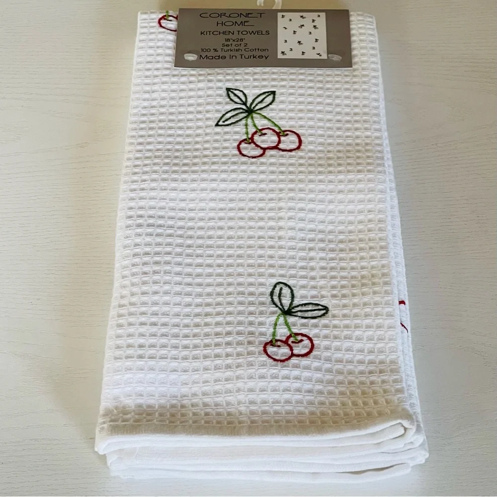 Coronet Home, White, Cherry Red Embroidered Kitchen Towels, Sz 18x28